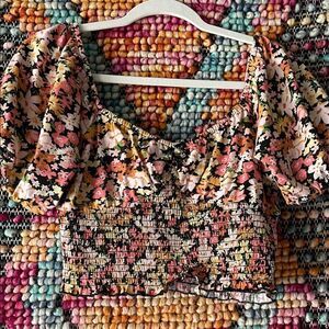 Cream Ruffled Crop Blouse with Short Sleeves and Floral Print